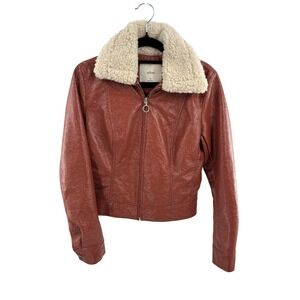 Wilfred Faux Leather Sherpa Lined Moto Jacket Rust Brown XS